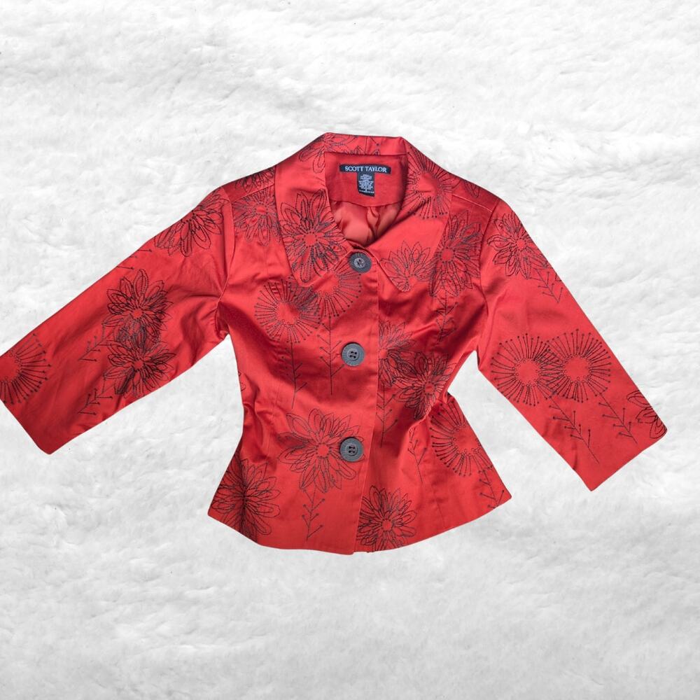 nwt scott taylor embroidered floral jacket - orange 3/4 sleeve blazer